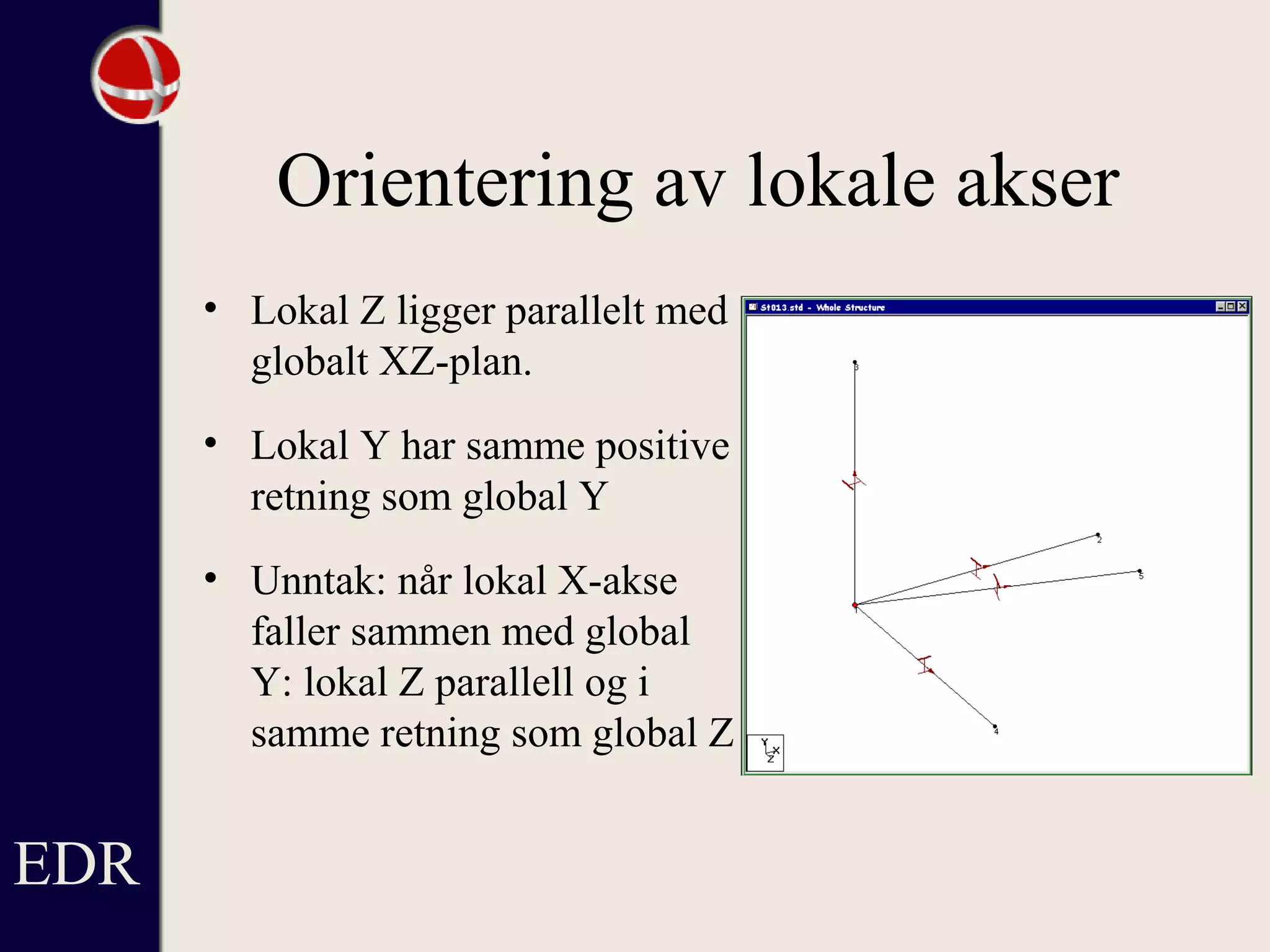 Orientering av lokale akser
• Lokal Z ligger parallelt med
globalt XZ-plan.
• Lokal Y har samme positive
retning som global Y
• Unntak: når lokal X-akse
faller sammen med global
Y: lokal Z parallell og i
samme retning som global Z
EDR
 