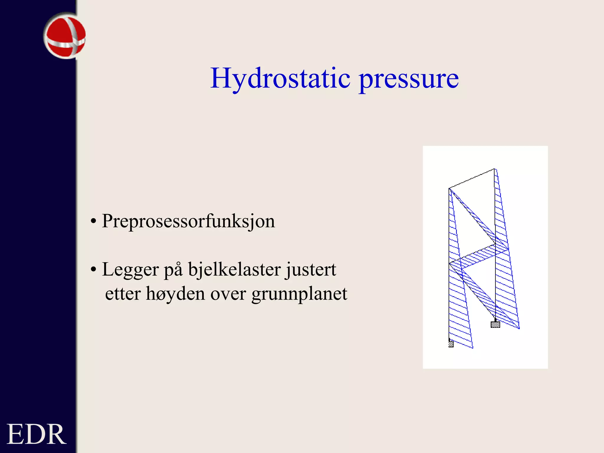 EDR
Hydrostatic pressure
• Preprosessorfunksjon
• Legger på bjelkelaster justert
etter høyden over grunnplanet
 