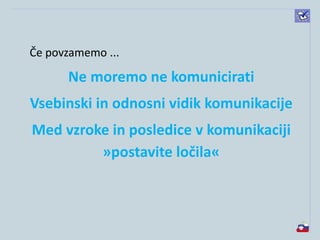 Če povzamemo ...
Ne moremo ne komunicirati
Vsebinski in odnosni vidik komunikacije
Med vzroke in posledice v komunikaciji
»postavite ločila«
 