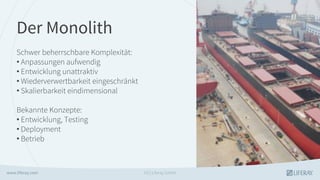 Der Monolith
Schwer beherrschbare Komplexität:
• Anpassungen aufwendig
• Entwicklung unattraktiv
• Wiederverwertbarkeit eingeschränkt
• Skalierbarkeit eindimensional
Bekannte Konzepte:
• Entwicklung, Testing
• Deployment
• Betrieb
GS | Liferay GmbH
 