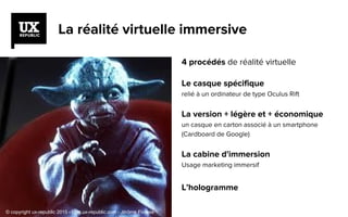4 procédés de réalité virtuelle
Le casque spécifique
relié à un ordinateur de type Oculus Rift
La version + légère et + économique
un casque en carton associé à un smartphone
(Cardboard de Google)
La cabine d'immersion
Usage marketing immersif
L’hologramme
La réalité virtuelle immersive
© copyright ux-republic 2015 - blog.ux-republic.com - Jérôme Fiorese
 