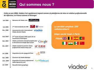 Qui sommes nous ?

  Créée en juin 2004, Viadeo s’est rapidement imposé comme LA plateforme de mise en relation professionnelle
  de référence, en France comme à l’étranger.

Juin 2004    Naissance de Viaduc.com



Juin 2006    1ère levée de fonds de 5 M€                         La société emploie 200
Nov. 2006    Lancement du site à international
                                                                 collaborateurs
             Viaduc devient Viadeo
                                                                 Siège social basé à Paris
Aout 2007    2èmelevée de fonds 5 M€ auprès de ses
             investisseurs historiques                             Filiales
Nov. 2007    Viadeo, partenaire exclusif européen pour
             le lancement de Google Open Social

Déc. 2007    Viadeo acquiert le premier réseau
             professionnel chinois tianji.com



Juil. 2008   Acquisition du site espagnol ICTnet


Nov. 2008    Ouverture de Viadeo Mexique

Janv. 2009   Acquisition du réseau professionnel
             indien Apnacircle.com
Juil. 2009   Nouvelle charte graphique

                                                                                                               5
 
