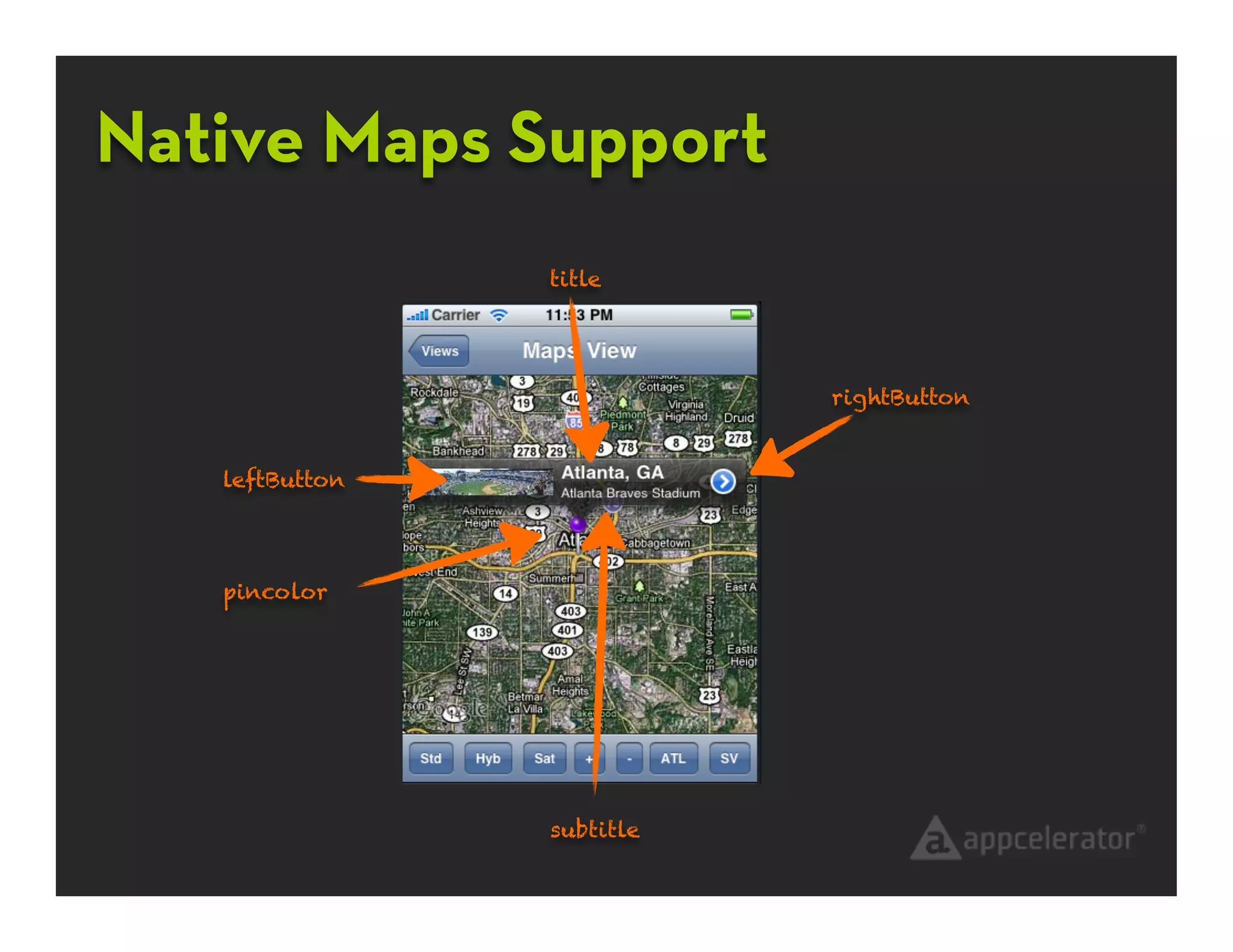 Native Maps Support
                title




                           rightButton


   leftButton




   pincolor




                subtitle
 