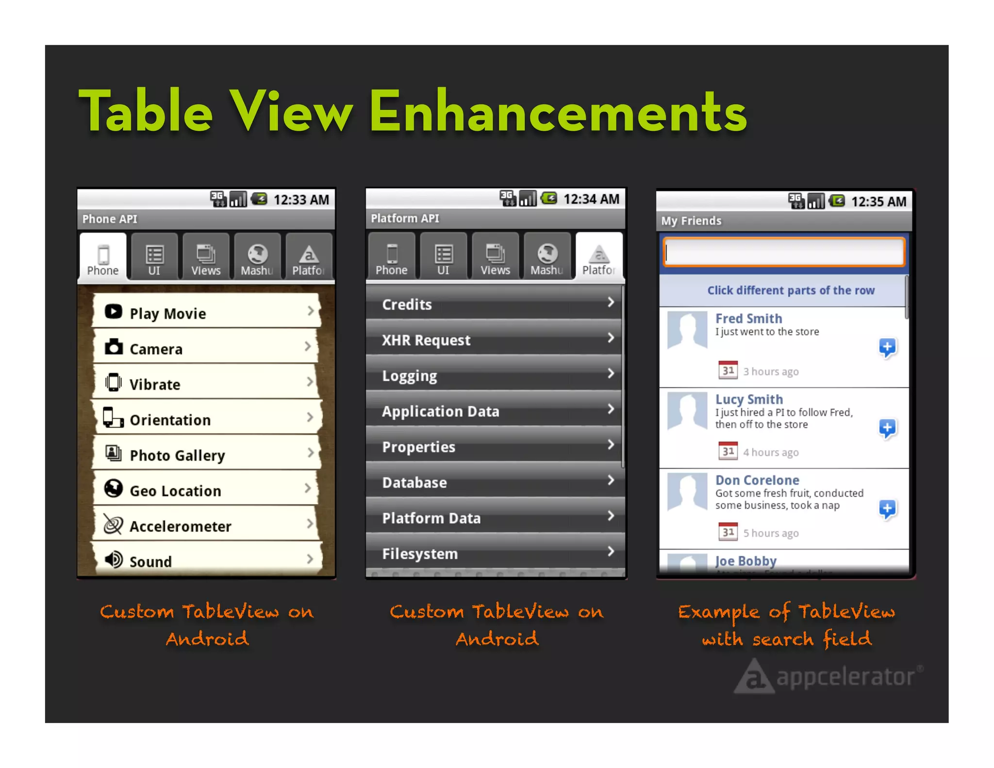 Table View Enhancements




Custom TableView on   Custom TableView on   Example of TableView
     Android               Android            with search ﬁeld
 