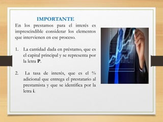 IMPORTANTE
En los prestamos para el interés es
imprescindible considerar los elementos
que intervienen en ese proceso.
1. La cantidad dada en préstamo, que es
el capital principal y se representa por
la letra P.
2. La tasa de interés, que es el %
adicional que entrega el prestatario al
prestamista y que se identifica por la
letra i.
 