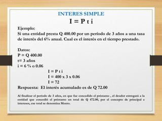INTERES SIMPLE
I = P t i
Ejemplo:
Si una entidad presta Q 400.00 por un período de 3 años a una tasa
de interés del 6% anual. Cual es el interés en el tiempo prestado.
Datos:
P = Q 400.00
t= 3 años
i = 6 % o 0.06
I = P t i
I = 400 x 3 x 0.06
I = 72
Respuesta: El interés acumulado es de Q 72.00
Al finalizar el período de 3 años, en que fue concedido el préstamo , el deudor entregará a la
entidad que concedió el préstamo un total de Q 472.00, por el concepto de principal e
intereses, ese total se denomina Monto.
 