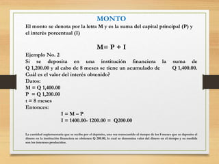 MONTO
El monto se denota por la letra M y es la suma del capital principal (P) y
el interés porcentual (I)
M= P + I
Ejemplo No. 2
Si se deposita en una institución financiera la suma de
Q 1,200.00 y al cabo de 8 meses se tiene un acumulado de Q 1,400.00.
Cuál es el valor del interés obtenido?
Datos:
M = Q 1,400.00
P = Q 1,200.00
t = 8 meses
Entonces:
I = M – P
I = 1400.00- 1200.00 = Q200.00
La cantidad suplementaria que se recibe por el depósito, una vez transcurrido el tiempo de los 8 meses que se deposito el
dinero en la institución financiera se obtienen Q 200.00, lo cual se denomina valor del dinero en el tiempo y su medida
son los intereses producidos.
 