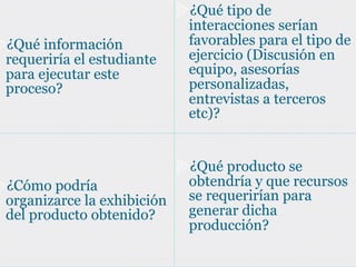 ¿Qué tipo de
                            interacciones serían
¿Qué información            favorables para el tipo de
requeriría el estudiante    ejercicio (Discusión en
para ejecutar este          equipo, asesorías
proceso?                    personalizadas,
                            entrevistas a terceros
                            etc)?


                            ¿Qué producto se
¿Cómo podría                obtendría y que recursos
organizarce la exhibición   se requerirían para
del producto obtenido?      generar dicha
                            producción?
 