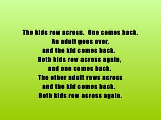 The kids row across.  One comes back. An adult goes over,  and the kid comes back.   Both kids row across again,  and one comes back.  The other adult rows across  and the kid comes back.   Both kids row across again. 