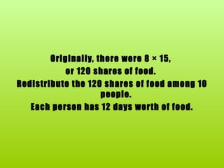 Originally, there were 8 × 15,  or 120 shares of food.  Redistribute the 120 shares of food among 10 people. Each person has 12 days worth of food. 