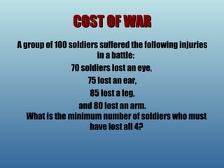 COST OF WAR A group of 100 soldiers suffered the following injuries in a battle:  70 soldiers lost an eye,  75 lost an ear, 85 lost a leg,  and 80 lost an arm. What is the minimum number of soldiers who must have lost all 4? 