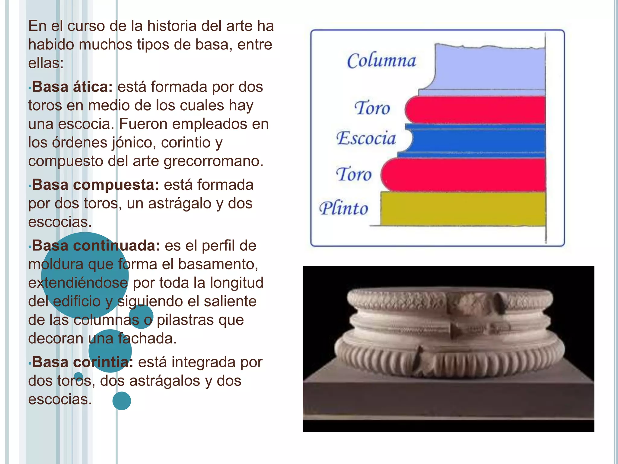 En el curso de la historia del arte ha
habido muchos tipos de basa, entre
ellas:
•Basa  ática: está formada por dos
toros en medio de los cuales hay
una escocia. Fueron empleados en
los órdenes jónico, corintio y
compuesto del arte grecorromano.
•Basa compuesta: está formada
por dos toros, un astrágalo y dos
escocias.
•Basa  continuada: es el perfil de
moldura que forma el basamento,
extendiéndose por toda la longitud
del edificio y siguiendo el saliente
de las columnas o pilastras que
decoran una fachada.
•Basa  corintia: está integrada por
dos toros, dos astrágalos y dos
escocias.
 