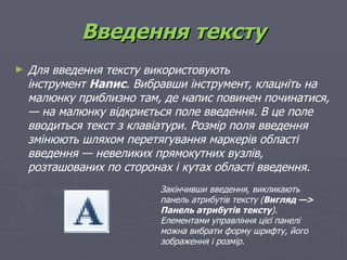 Введення тексту
►   Для введення тексту використовують
    інструмент Напис. Вибравши інструмент, клацніть на
    малюнку приблизно там, де напис повинен починатися,
    — на малюнку відкриється поле введення. В це поле
    вводиться текст з клавіатури. Розмір поля введення
    змінюють шляхом перетягування маркерів області
    введення — невеликих прямокутних вузлів,
    розташованих по сторонах і кутах області введення.
                          Закінчивши введення, викликають
                          панель атрибутів тексту (Вигляд —>
                          Панель атрибутів тексту).
                          Елементами управління цієї панелі
                          можна вибрати форму шрифту, його
                          зображення і розмір.
 