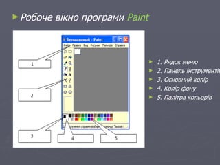 ► Робоче   вікно програми Paint



                                  ►   1.   Рядок меню
                                  ►   2.   Панель інструментів
                                  ►   3.   Основний колір
                                  ►   4.   Колір фону
                                  ►   5.   Палітра кольорів
 