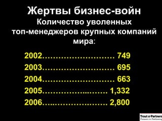 Жертвы бизнес-войн Количество уволенных топ-менеджеров крупных компаний мира : 2002……………………… 749 2003……………………… 695 2004……………………… 663 2005……………...……. 1,332 2006…..………….…….  2 , 8 00 