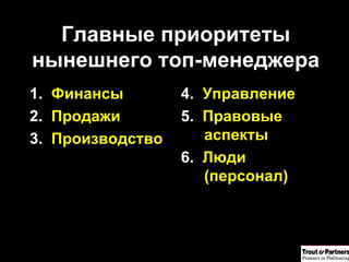 Главные приоритеты нынешнего топ-менеджера 1.   Финансы 2.   Продажи 3.   Производство 4.   Управление 5.   Правовые аспекты 6.   Люди (персонал) 