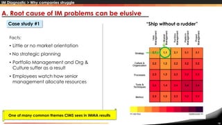 15
“Ship without a rudder”
• Little or no market orientation
• No strategic planning
• Portfolio Management and Org &
Culture suffer as a result
• Employees watch how senior
management allocate resources
A. Root cause of IM problems can be elusive
Case study #1
Facts:
IM Diagnostic > Why companies struggle
One of many common themes CIMS sees in IMMA results
 