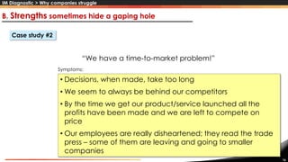 16
“We have a time-to-market problem!”
• Decisions, when made, take too long
• We seem to always be behind our competitors
• By the time we get our product/service launched all the
profits have been made and we are left to compete on
price
• Our employees are really disheartened; they read the trade
press – some of them are leaving and going to smaller
companies
Case study #2
Symptoms:
B. Strengths sometimes hide a gaping hole
IM Diagnostic > Why companies struggle
 