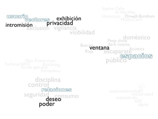 Sophie Calle
                                                      Ai Wei Wei
 usuario                   exhibición          Hitchcock Orwell-Bentham
       vectores                                          Matta-Clark
intromisión      privacidad
         exclusión vigilancia
                                 visibilidad
                                                         doméstico
                                                 Peep show
                                     Butrón    dark rooms
                                         ventana         Acústica
                                       Roja   escaparate
                                                     espacios
           Mies Friedrichstr.
Turbinas TATE
                                                público
                     Reichstag
         Torres gemelas
                    Pompidour

              disciplina
            control
                   relaciones
          seguridad consumo
                                                         ¿¿?
                                                  postmodernidad
                                                             modernidad
                  deseo                              espectáculo
                                                               GPS
                poder                                            digital
 