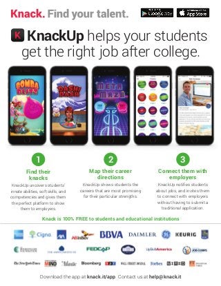 Download the app at knack.it/app Contact us at help@knack.it
1
Find their
knacks
KnackUp uncovers students’
innate abilities, soft skills, and
competencies and gives them
the perfect platform to show
them to employers.
3
Connect them with
employers
KnackUp notiﬁes students
about jobs, and invites them
to connect with employers
without having to submit a
traditional application.
2
Map their career
directions
KnackUp shows students the
careers that are most promising
for their particular strengths.
Knack is 100% FREE to students and educational institutions
KnackUp helps your students
get the right job after college.
 