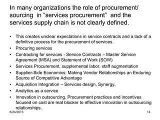6/24/2013 14
In many organizations the role of procurement/
sourcing in “services procurement” and the
services supply chain is not clearly defined.
• This creates unclear expectations in service contracts and a lack of a
definitive process for the procurement of services.
• Procuring services
• Contracting for services - Service Contracts – Master Service
Agreement (MSA) and Statement of Work (SOW)
• Services Procurement, supplemental labor, staff augmentation
• Supplier-Side Economics: Making Vendor Relationships an Enduring
Source of Competitive Advantage
• Acquisition Integration – Services design, Synergy,
• Analytics as a service
• Innovation in outsourcing, Procurement practices and incentives
focused on cost are real blocker to effective innovation in outsourcing
relationships.
 