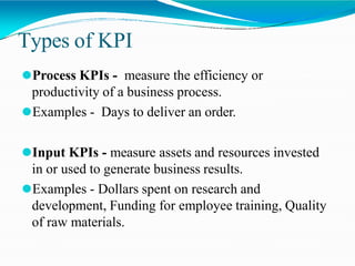 Types of KPI
⚫Process KPIs - measure the efficiency or
productivity of a business process.
⚫Examples - Days to deliver an order.
⚫Input KPIs - measure assets and resources invested
in or used to generate business results.
⚫Examples - Dollars spent on research and
development, Funding for employee training, Quality
of raw materials.
 