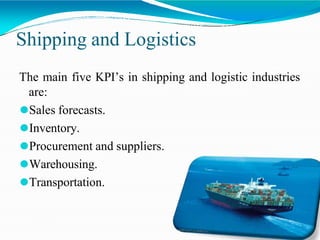 Shipping and Logistics
The main five KPI’s in shipping and logistic industries
are:
⚫Sales forecasts.
⚫Inventory.
⚫Procurement and suppliers.
⚫Warehousing.
⚫Transportation.
 