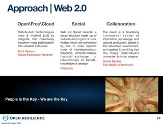 Approach | Web 2.0
                 OpenFreeCloud                        Social                   Collaboration
                 Distributed technologies       Web 2.0 Social network: a      The result is a flourishing
                 [web & mobile] built to        social structure made up of    nonmarket sector of
                 integrate, that collectively   individualsorganizations      information, knowledge, and
                 transform mass participation   (nodes, which are connected    cultural production, based in
                 into valuable outcomes.        by one or more specific        the networked environment,
                                                types of interdependency:      and applied to anything that
                 Ross Dawson.
                                                friendship, common interest,   the many individuals
                 Future Exploration Network
                                                financial exchange... or       connected to it can imagine.
                                                relationships of beliefs,      Yochai Benkler
                                                knowledge or prestige.         The Wealth of Networks
                                                Wikipedia




    People is the Key - We are the Key



                                                                                                               12
martedì 29 marzo 2011
 