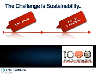 The Challenge is Sustainability...

                                ake           use te
                             e-m           re- ibu
                           mr            to tr
                        fro                 on
                                         &c




                                      of software & web applications


                                                                       16
martedì 29 marzo 2011
 