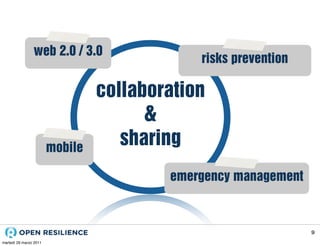 web 2.0 / 3.0
                                             risks prevention

                                 collaboration
                                       &
                        mobile
                                    sharing
                                         emergency management



                                                                9
martedì 29 marzo 2011
 