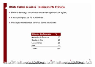 Oferta Pública de Ações – Integralmente Primária

 No final de março concluímos nossa oferta primária de ações;

 Captação líquida de R$ 1,02 bilhão;

 Utilização dos recursos continua como anunciado:




                       Utilização dos Recursos   %
                       Aquisição de Terrenos          35
                       Capital de Giro                25
                       Lançamentos                    20
                       M&A                            20
                       TOTAL                         100




                                                                17
 