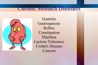 Chronic Stomach Disorders Gastritis Gastroparesis Reflux Constipation Diarrhea Lactose Tolerance Crohn's Disease Cancers
