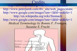Credits http://en.wikipedia.org/wiki/Stomach_disease http://www.peterjurek.com/rbv_site/web_pages/stomach_path.html http://www.google.com/images?um=1&hl=en&rlz=1R2GGLL_en&q=stomach+anatomy&ie=UTF-8&source=og&sa=N&tab=wi&biw=1004&bih=658 http://en.wikipedia.org/wiki/Stomach http://www.google.com/images?um=1&hl=en&rlz=1R2GGLL_en&biw=1004&bih=658&tbs=isch%3A1&sa=1&q=stomach&aq=f&aqi=g10&aql=&oq Medical Terminology by Bonnie F. Fremgen, Suzanne S. Frucht