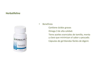Herbalifeline


                •   Beneficios
                          Contiene ácidos grasos
                          Omega 3 de alta calidad.
                          Tiene aceites esenciales de tomillo, menta
                          y clavo que minimizan el sabor a pescado.
                          Cápsulas de gel blandas fáciles de digerir.
 