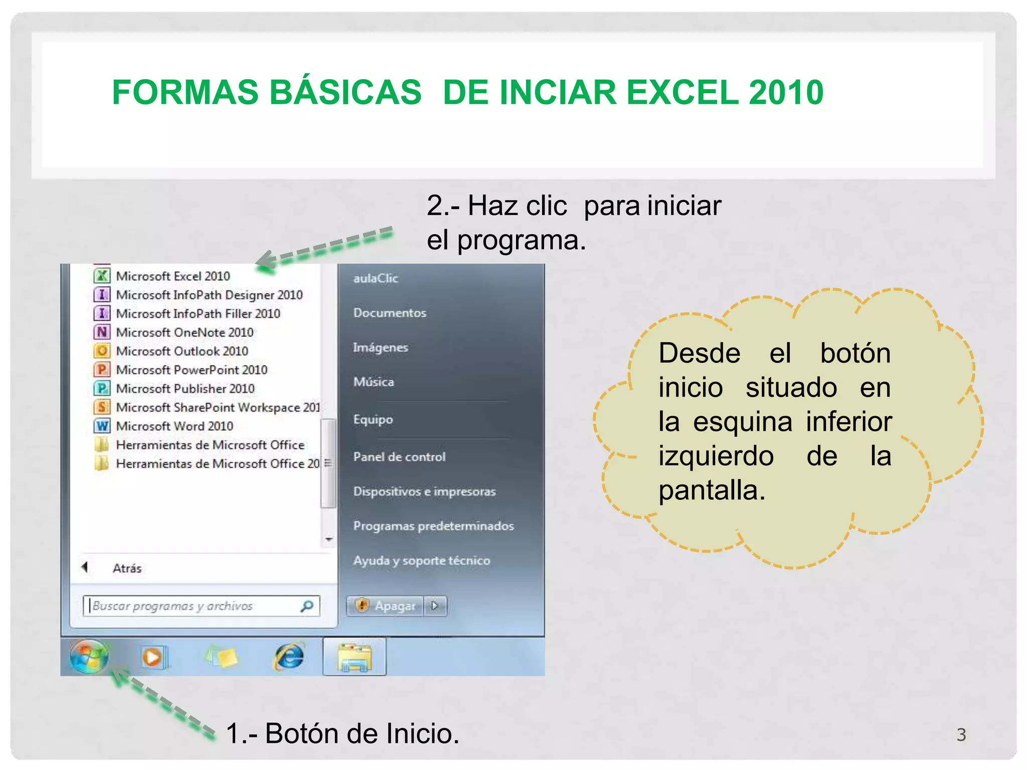 FORMAS BÁSICAS DE INCIAR EXCEL 2010
Desde el botón
inicio situado en
la esquina inferior
izquierdo de la
pantalla.
1.- Botón de Inicio.
2.- Haz clic para iniciar
el programa.
3
 