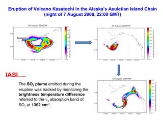 Eruption of Volcano Kasatochi in the Alaska’s Aeuletian Island Chain
(night of 7 August 2008, 22:00 GMT)

IASI….
The SO2 plume emitted during the
eruption was tracked by monitoring the
brightness temperature difference
referred to the ν3 absorption band of
SO2 at 1362 cm-1.

 