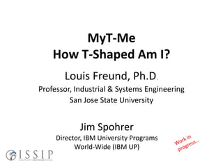 MyT-Me
How T-Shaped Am I?
Louis Freund, Ph.D.
Professor, Industrial & Systems Engineering
San Jose State University
Jim Spohrer
Director, IBM University Programs
World-Wide (IBM UP)
 
