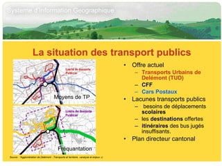 Offre actuel Transports Urbains de Delémont (TUD) CFF Cars Postaux Lacunes transports publics  besoins de déplacements  scolaires les  destinations  offertes  itinéraires  des bus jugés insuffisants. Plan directeur cantonal La situation des transport publics Source : “Agglomération de Delémont - Transports et territoire, «analyse et enjeux ») Moyens de TP Fréquantation 