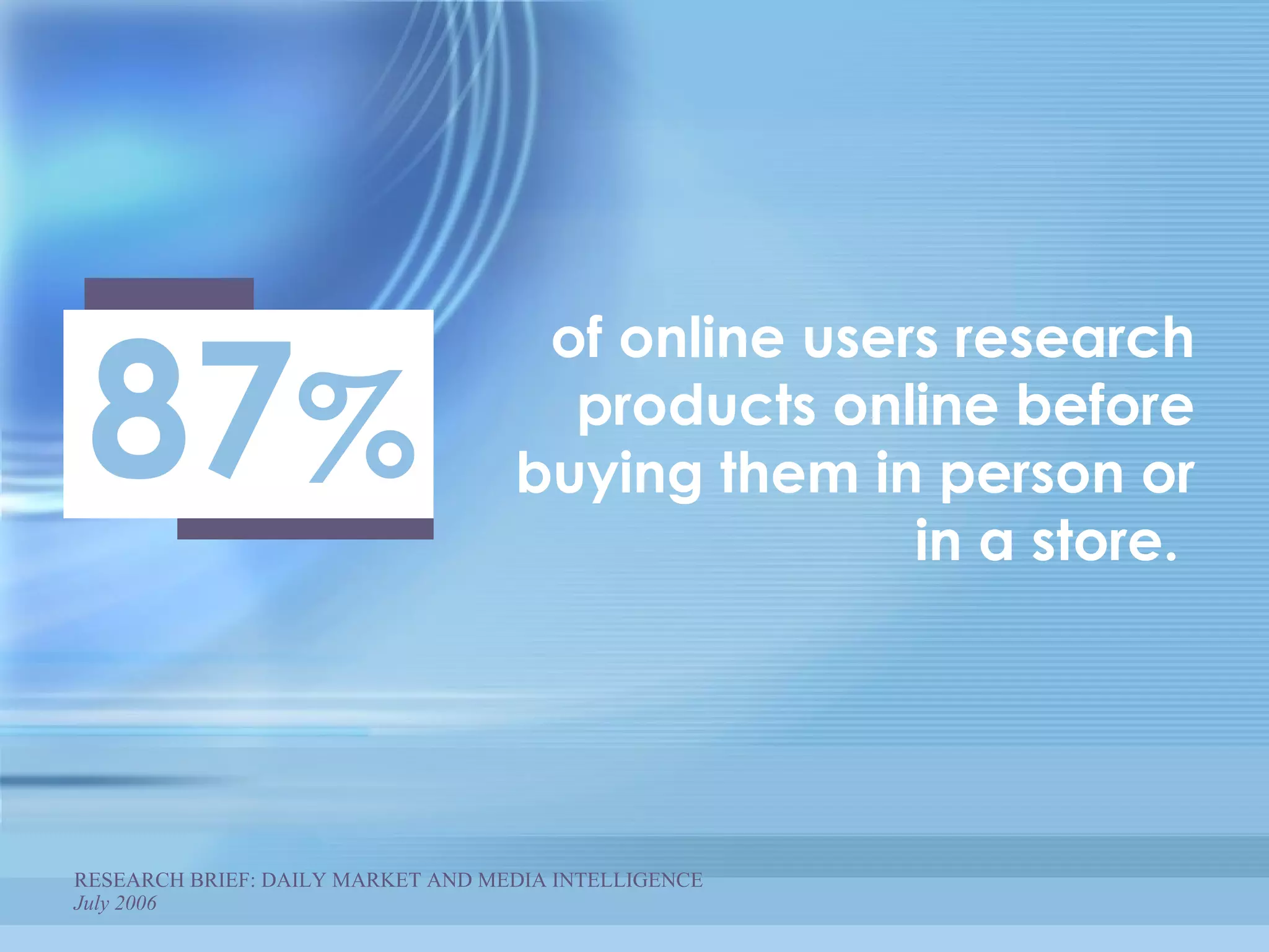 RESEARCH BRIEF: DAILY MARKET AND MEDIA INTELLIGENCE  July 2006 of online users research products online before buying them in person or in a store.  87 % 