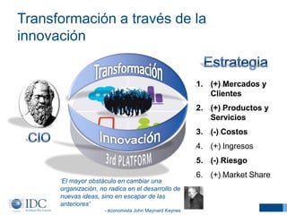 Transformación a través de la
innovación

1. (+) Mercados y
Clientes
2. (+) Productos y
Servicios
3. (-) Costos
4. (+) Ingresos
5. (-) Riesgo
‘El mayor obstáculo en cambiar una
organización, no radica en el desarrollo de
nuevas ideas, sino en escapar de las
anteriores'
- economista John Maynard Keynes

6. (+) Market Share

 