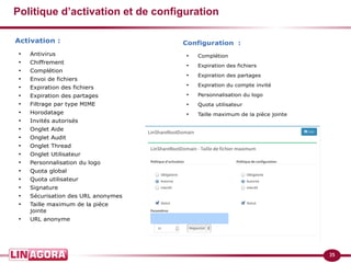 35 
Politique d’activation et de configuration 
Activation : 
● Antivirus 
● Chiffrement 
● Complétion 
● Envoi de fichiers 
● Expiration des fichiers 
● Expiration des partages 
● Filtrage par type MIME 
● Horodatage 
● Invités autorisés 
● Onglet Aide 
● Onglet Audit 
● Onglet Thread 
● Onglet Utilisateur 
● Personnalisation du logo 
● Quota global 
● Quota utilisateur 
● Signature 
● Sécurisation des URL anonymes 
● Taille maximum de la pièce 
jointe 
● URL anonyme 
Configuration : 
● Complétion 
● Expiration des fichiers 
● Expiration des partages 
● Expiration du compte invité 
● Personnalisation du logo 
● Quota utilisateur 
● Taille maximum de la pièce jointe 
 