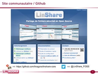 4 
Site communautaire / Github 
https://github.com/linagora/linshare-core @LinShare_FOSS 
 
