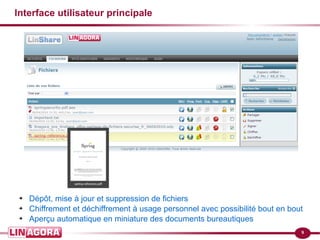 ➔ Dépôt, mise à jour et suppression de fichiers 
➔ Chiffrement et déchiffrement à usage personnel avec possibilité bout en bout 
➔ Aperçu automatique en miniature des documents bureautiques 
9 
Interface utilisateur principale 
 