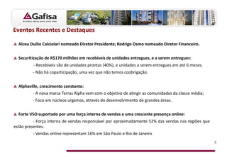 Eventos Recentes e Destaques

  Alceu Duílio Calciolari nomeado Diretor Presidente; Rodrigo Osmo nomeado Diretor Financeiro.


  Securitização de R$170 milhões em recebíveis de unidades entregues, e a serem entregues:
         - Recebíveis são de unidades prontas (40%), e unidades a serem entregues em até 6 meses.
         - Não há coparticipação, uma vez que não temos coobrigação.


  Alphaville, crescimento constante:
         - A nova marca Terras Alpha vem com o objetivo de atingir as comunidades da classe média;
         - Foco em núcleos urgamos, através do desenvolvimento de grandes áreas.


  Forte VSO suportado por uma força interna de vendas e uma crescente presença online:
          - Força interna de vendas responsável por aproximadamente 52% das vendas nas regiões que
estão presentes.
         - Vendas online representam 16% em São Paulo e Rio de Janeiro
                                                                                                     5
 