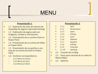 MENU Presentación 1 1.1  Explicación de sitios de internet de hospedaje de paginas web (web Hosting) 1.2  Publicación de pagina web con imágenes, sonidos o animaciones. 1.3  Presentación de un archivo Flash en Power Point 1.4  Presentación de un archivo de Video en Power Point 1.5  Presentación de una grafica o una hoja de un archivo de Excel en Power Point. 1.6  Combinar correspondencia . 1.6.1 Word con Access 1.6.2 Word con Excel 1.6.3 Word con Word Presentación 2 2.1.1  Spim 2.1.2 Ransomware 2.1.3 Spam 2.1.4 Pishing 2.1.5 Scam 2.1.6 Malware 2.1.7 Spyware 2.1.8 Sniffing 2.1.9 PcZombie 2.1.10 Spoofing 2.2 Creación de un Blog 2.3 Pasos para creación de un video en Movie Maker 2.4 SkyDrive 
