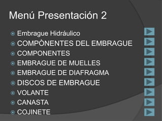 Menú Presentación 2
 Embrague Hidráulico
 COMPÒNENTES DEL EMBRAGUE
 COMPONENTES
 EMBRAGUE DE MUELLES
 EMBRAGUE DE DIAFRAGMA
 DISCOS DE EMBRAGUE
 VOLANTE
 CANASTA
 COJINETE
 