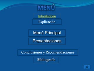 Menú Principal
Presentaciones
Introducción
Conclusiones y Recomendaciones
Bibliografía
Explicación
 