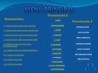 Presentación 1
Presentación 2
Presentación 3
1.1 PASOS PARA BUSCAR WEB HOSTING
1.2 PASOS PARA PUBLICAR EN PAGINA WEB
1.3 ARCHIVOS DE FLASH EN POWER POINT
1.4 ARCHIVOS DE VIDEO EN POWER POINT
1.5 GRAFICA O ARCHIVO DE EXCEL
EN POWER POINT
1.6 COMBINACION DE CORRESPONDENCIA
1.6.1 WORD CON ACCESS
1.6.2 WORD CON EXCEL
1.6.3 WORD CON WORD
9. PcZmbie
1.SPIM
2.RANSOMWARE
3. SPAM
4. PISHING
5. SCAM
6. MALWARE
7.SPYWARE
8.SNIFFING
10.SPOOFING
11.BLOG PERSONAL
12.MOVIE MAKER
INTRODUCCION
EXPLICACION
MENU PRINCIPAL
PRESENTACIONES
CONCLUCIONES
RECOMENDACIONES
BIBLIOGRAFIA
 