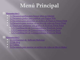    Presentación 1
    • 1.1 Secuencia gráfica para buscar sitios en Internet
    • 1.2 Secuencia grafica para publicar una Pagina Web
    • 1.3 Secuencia para presentar un archivo de Flash en Power Point
    • 1.4 Secuencia para mostrar un archivo de video en Power Point
    • 1.5 Pasos para presentar una gráfica de Excel en Power Point
        1.5.1 Combinación de Correspondencia Word con Access
        1.5.2 Combinación de Correspondencia Word con Excel
        1.5.3 Combinación de Correspondencia Word con Word
   Presentación 2
    • 2.1 Definiciones de Software Malicioso
    • 2.2 Mi Blog
    • 2.3 Tablets
    • 2.4 Secuencia para mostrar un archivo de video en Movie Maker
 