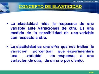 ING. ROBERTO AGUILERA LOPEZ



      CONCEPTO DE ELASTICIDAD


• La elasticidad mide la respuesta de una
  variable ante variaciones de otra. Es una
  medida de la sensibilidad de una variable
  con respecto a otra.

• La elasticidad es una cifra que nos indica la
  variación porcentual que experimentará
  una      variable     en respuesta a una
  variación de otra, de un uno por ciento.

                                                    RJAL
 
